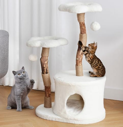 NATURAL EXPRESSIONS Modern Cat Tree and Tower for Indoor, Luxury Solid Wood Cat Condo for Large Cats, Flower Cat Tree with Scratching Post, Cat