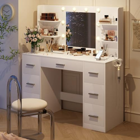 YESHOMY Vanity Desk with Mirror, Power Outlet and 10 Lights, Makeup Table with 7 Drawers, 3 Color Modes Available for Bedroom, Clear White YESHOMY