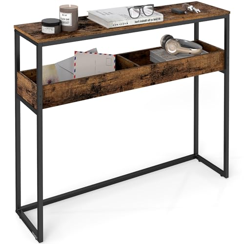 VASAGLE 2-Tier Entryway Table, Narrow Console Table, Semi-Open Compartments, 9.4 x 39.4 x 31.5 Inches, for Hallway, Living Room, Rustic Brown and Ink Black ULNT091K01 VASAGLE