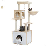 MIOMUM Tall Cat Tree with Litter Box Enclosure 56.7" Wooden Cat Tower for Large Cats with Cat Hammock House Bed (Wood Beige) MIOMUM