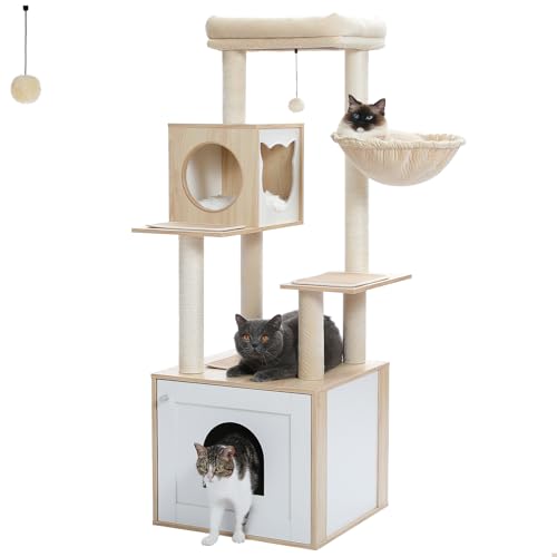 MIOMUM Tall Cat Tree with Litter Box Enclosure 56.7" Wooden Cat Tower for Large Cats with Cat Hammock House Bed (Wood Beige) - WoodArtSupply