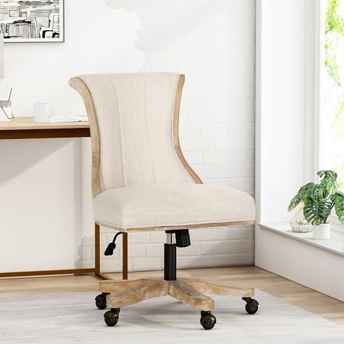 Astrivia Solid Wood Swivel Chair, Fabric Armless Office Chair, American Vintage Vanity Chair Adjustable Home Office Desk Chair for Women Farmhouse Study Studio Bedroom (Beige) Astrivia