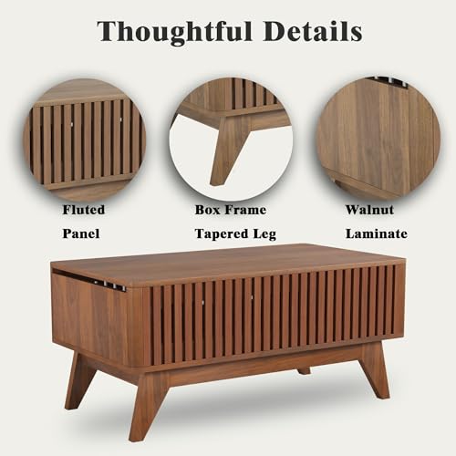 Lift Top Coffee Tables with Hidden Compartment, Mid Century Modern Coffee Table for Living Room, Fluted Design Farmhouse Center Table with Storage (Walnut) - WoodArtSupply