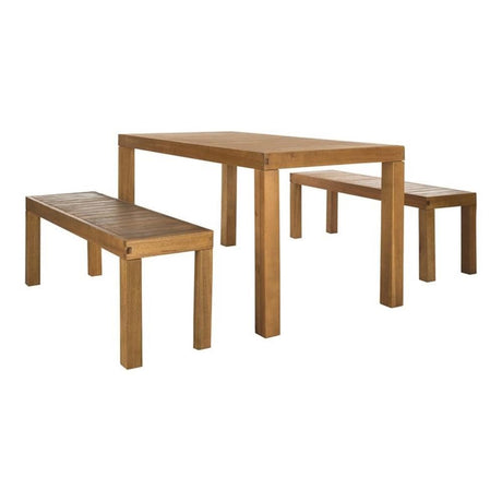 SAFAVIEH Outdoor Collection Dario Teak 3 Piece Dining Set with 59" Table and 2 Backless Benches SAFAVIEH