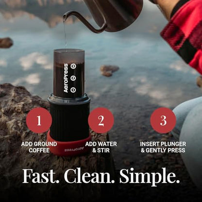 AeroPress Go Travel Coffee Press Kit - 3 in 1 brew method combines French Press, Pourover, Espresso - Full bodied coffee without grit or bitterness - Small portable coffee maker for camping & travel