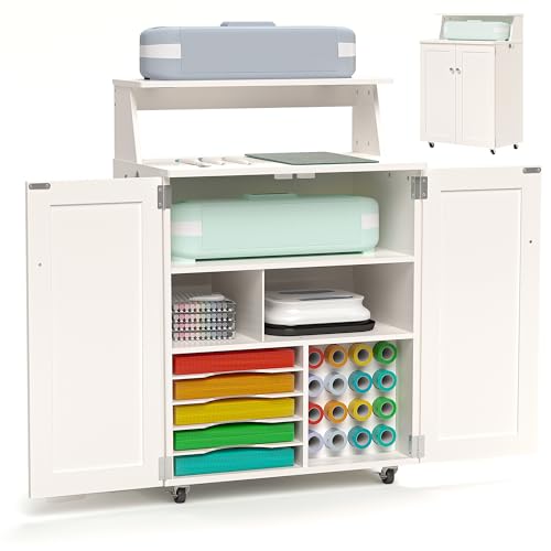 𝐂𝐫𝐚𝐟𝐢𝐭 Craft Cart Storage Cabinet Compatible with Cricut Machine, Rolling Crafting Table Furniture with Vinyl Roll Holder Organizer Desk Workstation for Craft Room Home Organization, Ivory