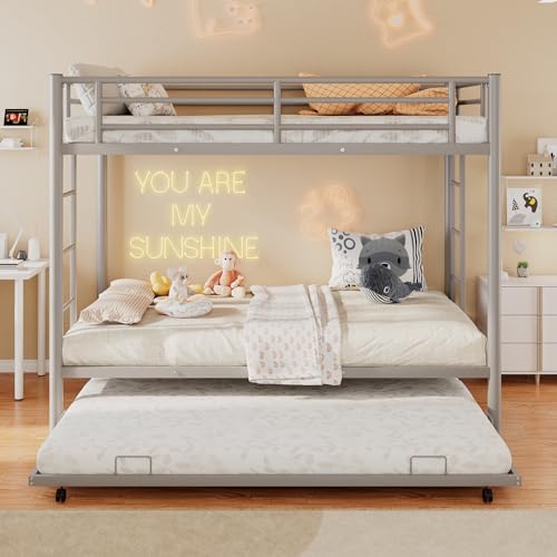 Merax Metal Bunk Bed Twin Over Twin Triple Bunk Bed with Twin Size Trundle, Grey Silver 642 Merax
