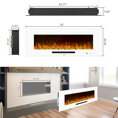 Oxhark Flame 50 inch Electric Fireplace, Recessed & Wall Mounted Fireplace Heater with Remote Control and 750/1500W Thermostat, Multicolor Flame Combinations, Logs & Crystal, White Oxhark Flame