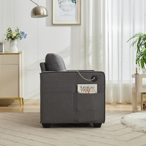 TYBOATLE 65" W Morden Linen Fabric Sofa Couch w/ 2 USB Charging Ports and Wide Arms, Mid-Century Comfy Upholstered Loveseat Couches for Living Room, Bedroom, Office, Easy Assembly (Dark Grey) TYBOATLE