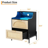 Rattan Nightstand, Modern Bedside Table with Led Lights and 2 Drawers, Black Nightstand with Charging Station, Wooden Bedside Table, Suitable for Bedrooms and Small Spaces, Black IDEALHOUSE