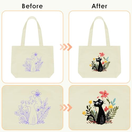 ERKOON Canvas Tote Bag Embroidery Kit for Beginners, Floral Arts Crafts Cross Stitch Kits for Adults Including Stamped Embroidery Bag with Hoops, Needle, Instruction and Color Threads (Cat) ERKOON