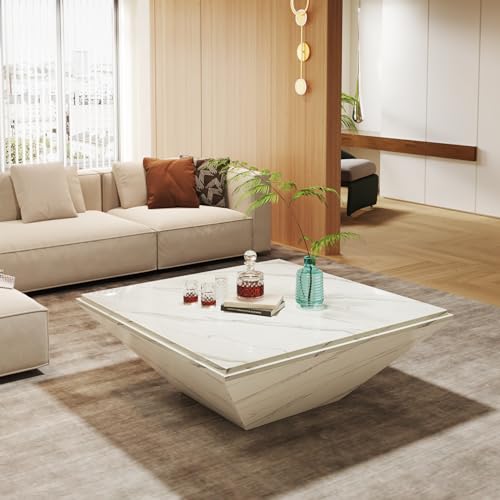 Tribesigns Coffee Table, 35.43-Inch Square Coffee Table with Faux Marble Tabletop, Modern Center Table for Living Room, Large Engineered Wood Cocktail Table, White Tribesigns