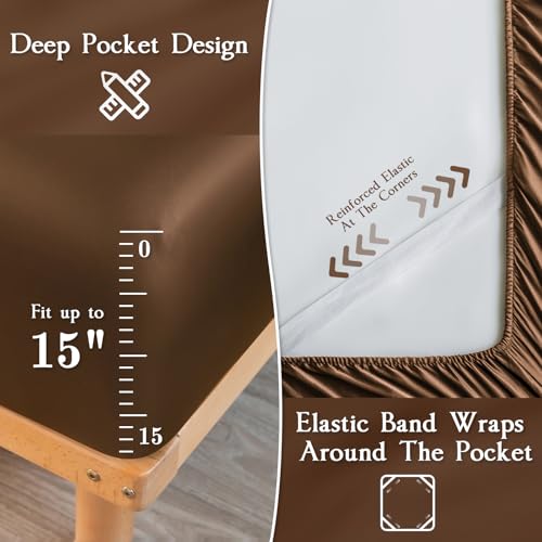LIFCOM Satin Sheets Queen Size Bed Set,Similar to Silk Sheets,4Pcs Luxury Satin Sheet Set with 15 Inches Deep Pocket (Queen, Brown) LIFCOM