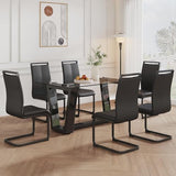 Ebullient Glass Dining Table Set for 6, Modern Dining Table Set for 6, Tempered Glass Tabletop with Black MDF Trapezoid Legs, Rectangle Kitchen Table with 6 Faux Leather Chairs for Home, Apartment Ebullient