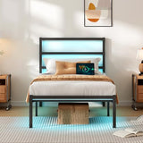 CLIBFENG Twin Bed Frame with Headboard,Heavy Duty Steel Slats Support-LED Bed Frame with USB Charging Station,Mattress Foundation-Under Bed Storage,No Box Spring Needed,Noise Free，Black CLIBFENG