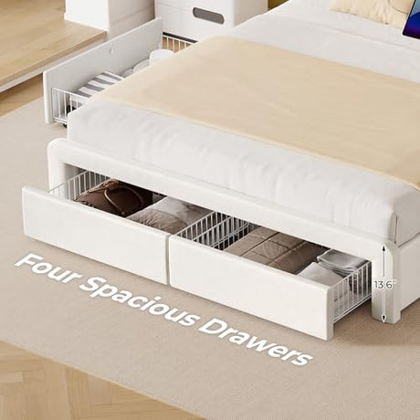 Seventable Full Size Bed Frame with 4 Storage Drawers & Charging Station, Upholstered Platform Bed with Storage Headboard and LED Light, No Box Spring Needed, Noise Free, Easy Assembly, Cream White Seventable