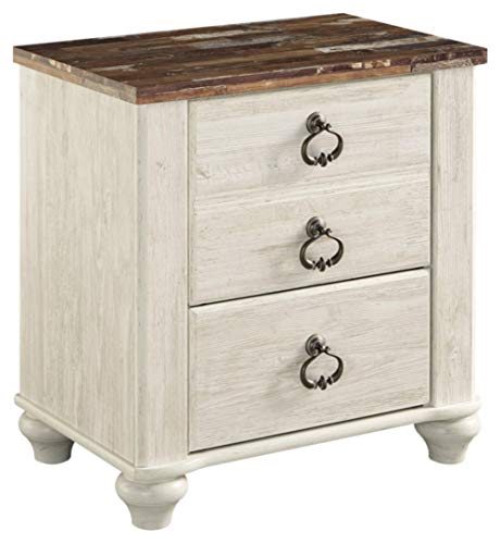 Signature Design by Ashley Willowton Farmhouse 2 Drawer Nightstand with USB Charging Ports, Whitewash - WoodArtSupply