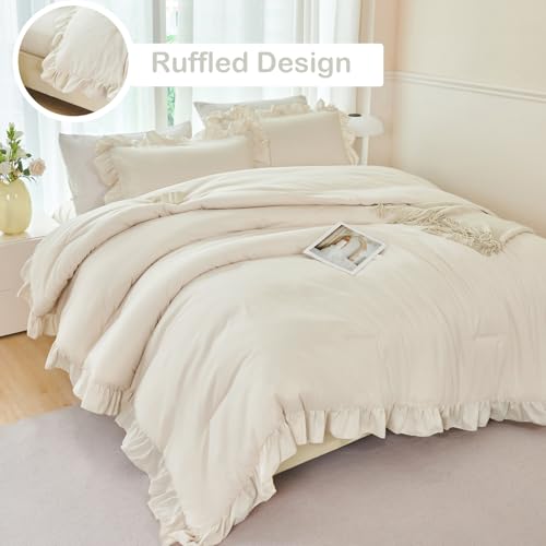 ANGIYUIN 5 Pieces Camel Twin Size Comforter Set for Kids Girls Ruffled Bedding Set Boho Farmhouse Bed Sets Shabby Fluffy Elegance Bed in A Bag with Sheets(Camel Twin) ANGIYUIN
