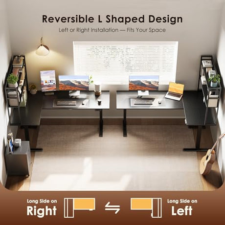 OffiGo L Shaped Electric Standing Desk, 63 Inch Reversible Corner Stand up Table with Hutch, Height Adjustable Ergonomic Large Lift Table for Home Office, Workstation, Black OffiGo