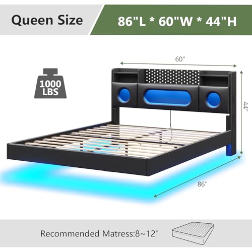 Dnxao Floating Bed Frame Queen with Headboard, Upholstered Platform Queen Bed Frame with Storage, LED Lights and Charging Station, Noise Free, No Box Spring Needed,Quick Setup System,PU Black Dnxao