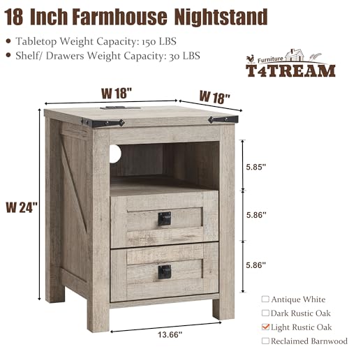 T4TREAM Nightstand wtih Charging Station, End Table, Side Table with 2 Drawers Storage Cabinet for Bedroom, Living Room, Farmhouse Design, Wood Rustic,Light Rustic Oak T4TREAM