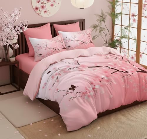 CCoutueChen Japanese Bedding Set King Size,Pink Flower Comforter Set 3Pcs Cherry Blossom Quilted Bed Set with 2 Pillowcases for Girls Women, All Season(104"x90") CCoutueChen