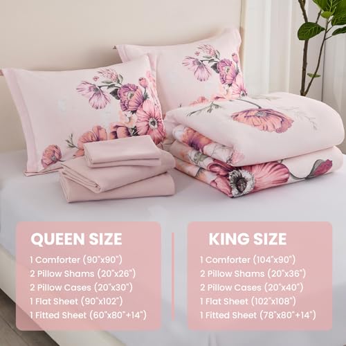 LLDSYW King Size Comforter Set - 7 Pieces Floral Comforter and Sheet Set, Pink King Size Bed in a Bag, Soft Microfiber Flower Complete Bedding Set for All Seasons（Pink,104"x90"） LLDSYW