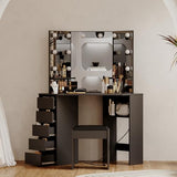 MilleLoom Corner Vanity Desk with Mirror and Led Lights - Makeup Table with 5 Drawers, Shelves, and Vanity Stool - Perfect for Bedroom or Bathroom, Black MilleLoom