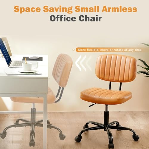 Sweetcrispy Small Office Desk Chair - Armless PU Leather with Comfy Lumbar Support, Height Adjustable Rolling Swivel Task for No Arms, for Adult, Student, Bedroom, Home, Vanity, Brown Sweetcrispy