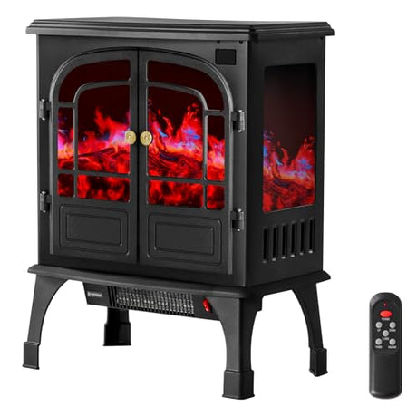 DUMOS Freestanding Electric Fireplace Heater, 26" Two Door Electric Fireplace Stove with 3D Flame Effect & Remote Control, Modern Stove for Home with Safety Features, Adjustable Heat & Timer, Inky DUMOS