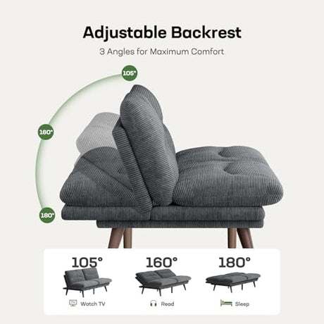 Marsail 66" Futon Sofa Bed, Convertible Corduroy Futon Couch with Adjustable Backrest & Armrests, Small Sleeper Sofa Loveseat for Living Room, Apartment, Office, Grey Marsail