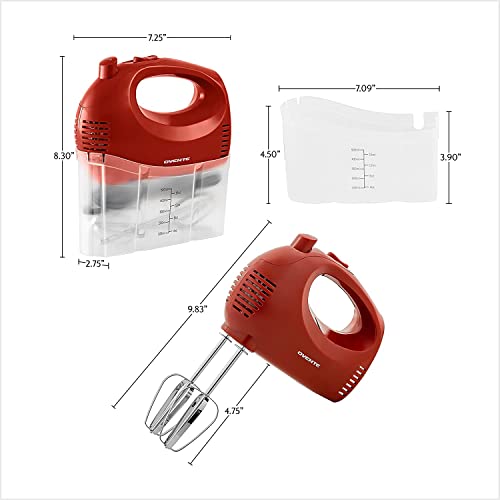 OVENTE Portable 5 Speed Mixing Electric Hand Mixer with Stainless Steel Whisk Beater Attachments & Snap Storage Case, Compact Lightweight 150 Watt Powerful Blender for Baking & Cooking, Red HM151R OVENTE