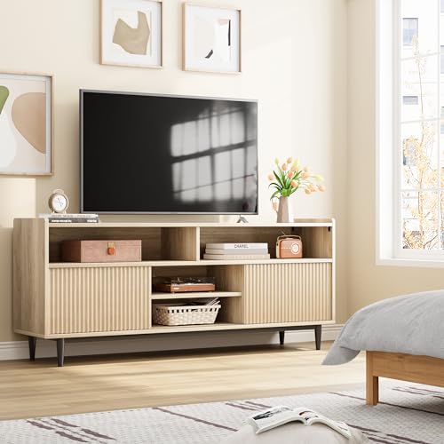 GAOMON Fluted TV Stand for 70 inch, Modern Entertainment Center with Storage and Sliding Doors, Wood Media Console Cabinet Furniture TV Console Table for Living Room Bedroom, Natural Oak GAOMON