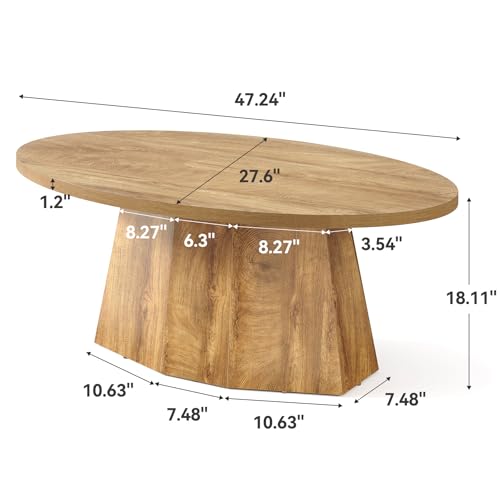 Oval Coffee Table, 47-Inch Living Room Table with Polygonal Pedestal, Modern Center Accent Furniture, Child-Friendly, Easy to Assembly, Yellowish Brown LITTLE TREE
