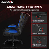 N-GEN Video Gaming Chair Ergonomic Computer Desk Office Chair with Lumbar Support Adjustable Height Swivel Wheels Flip-Up Arms PU Leather Home and Office (Blue) NEO CHAIR