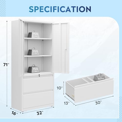 DEVAISE 71" Metal Storage Cabinet, 2-Drawer Lateral File Cabinet, Adjustable Shelves & Doors, White Garage Storage Cabinet, Heavy Duty Tall Cabinet for Home Office, Garage Organization DEVAISE