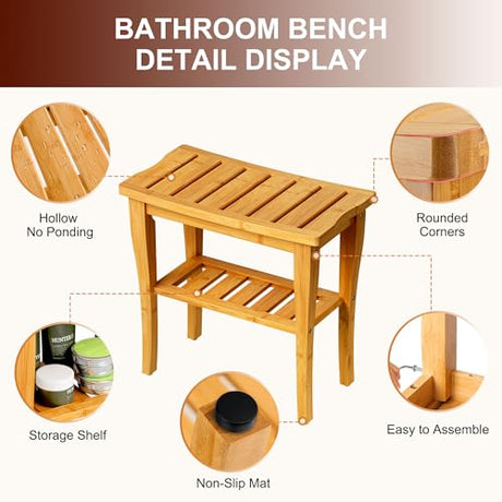 oridom Bamboo Shower Bench Stool with Storage Shelf, Waterproof Shower Chair Spa Bath Seat, Shower Stool for Inside Shower, Bathroom Bench Seat for Adults Elderly Seniors for Indoor or Outdoor Use oridom
