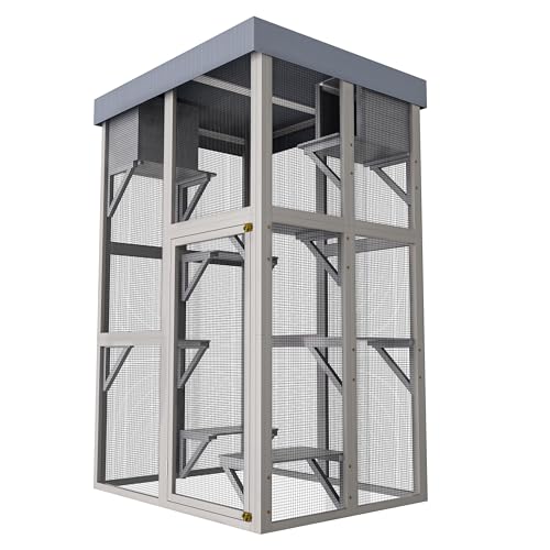 YOPTO 70.5" H Catio Outdoor Cat Enclosure,Cat House with Waterproof Roof and Large Enter Door,Wooden Shelter W/ 6 Jumping Platforms & 2 Napping Houses,Cats Cage for Walk in Kitten Kennel,Gray YOPTO