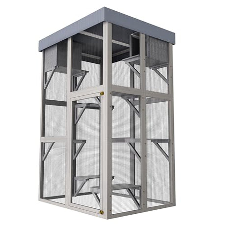 YOPTO 70.5" H Catio Outdoor Cat Enclosure,Cat House with Waterproof Roof and Large Enter Door,Wooden Shelter W/ 6 Jumping Platforms & 2 Napping Houses,Cats Cage for Walk in Kitten Kennel,Gray YOPTO