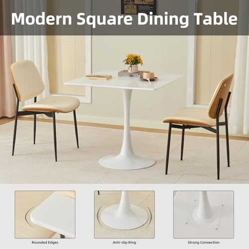 Hansweld Square Dining Table, 31.5" Tulip Table with Thickened Tabletop & Metal Pedestal, Mid Century Modern Bistro Table for Kitchen, Small Places, Living Room, Cafe (White) Hansweld