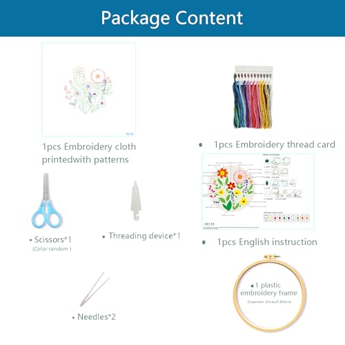 Zhenqing Flower Embroidery Kit for Beginners, Floral Hand Embroidery Starter Kit with Pattern, Wildflower Needlework Craft Set with Cotton Fabric, Hoop, Threads, Needles and Embroidery Tools (C0125)