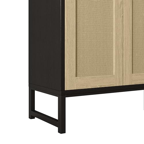 Panana Sideboard Accent Storage Cabinet with Rattan Decorated 4 Doors Dining Room Freestanding Kitchen Buffet Table Cupboard (Black)