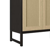 Panana Sideboard Accent Storage Cabinet with Rattan Decorated 4 Doors Dining Room Freestanding Kitchen Buffet Table Cupboard (Black) Panana