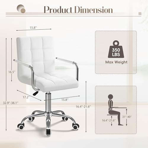 Furmax Vanity Office Chair with Wheels, Makeup PU Leather Executive Chair Modern Adjustable Home Desk Retro Comfortable Work Chair 360 Degree Swivel with Arms (White) Furmax