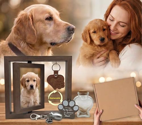 Kinerby Rotating Pet Memorial Photo Frame 4x6, Solid Wood Dog and Cat Loss Sympathy Gift with Fur Keepsake Bottle & Ash Pendants, Double-Sided Remembrance Picture Display for Grieving Pet Owners Kinerby