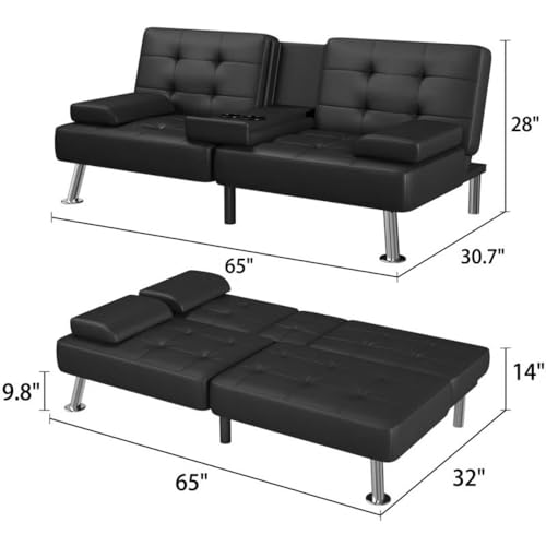 GUNJI Multi-Functional Faux Leather Futon Sofa Bed with Removable Armrests and Adjustable Sleeper Function, Double Cup Holder Design, Suitable for Living Room GUNJI