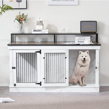 MCombo Large Dog Crate Furniture TV Stand, Wooden Dog Kennel with Double Doors, Indoor Furniture Style Dog Crate House End Table, 1861 (White) - WoodArtSupply