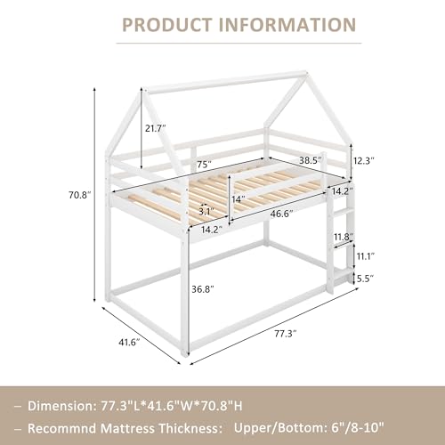 ZJIAH Twin Over Twin Solid Wood House Bunk Bed with Ladder and Safety Guardrails - Fun and Stylish Sleep Solution for Teens ZJIAH
