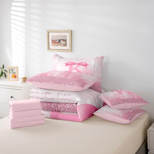 Feelyou Kids Pink Bowknot 7 Pieces Bedding Set Full Size, Personalized Initial K Bed in A Bag Princess Glitter Comforter Set with Sheets Boys Girls Bow Alphabet Teens Bed Set Bedroom Decor 7Pcs Feelyou
