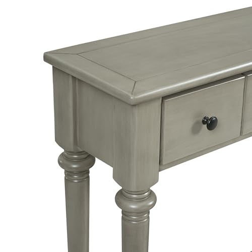 Knocbel Retro Console Table with 4 Drawers and Open Shelf, Vintage Sofa Tables with Slim Legs for Entryway Living Room 59.8" W x 11" D x 34" H Grey Wash Knocbel